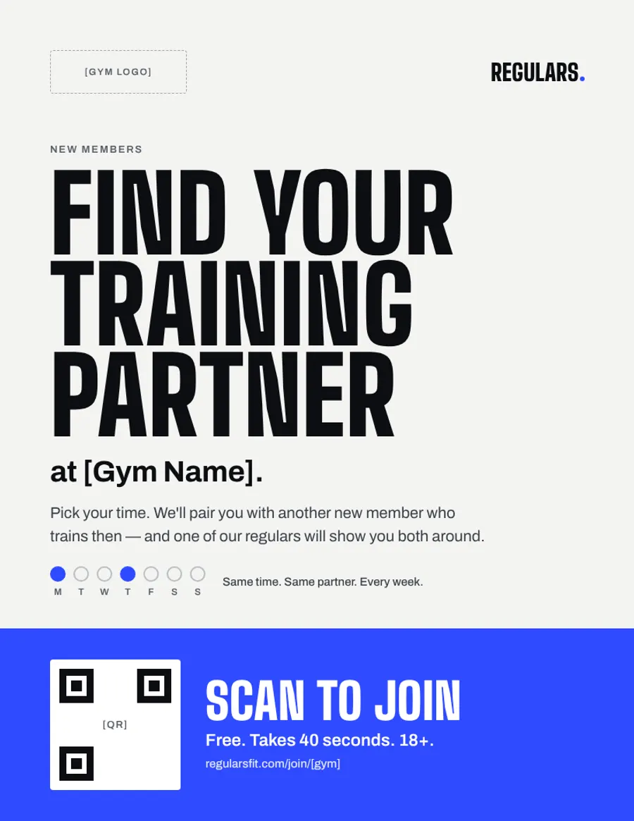 Example poster for a gym wall: new here, don't start alone, scan to pick your time